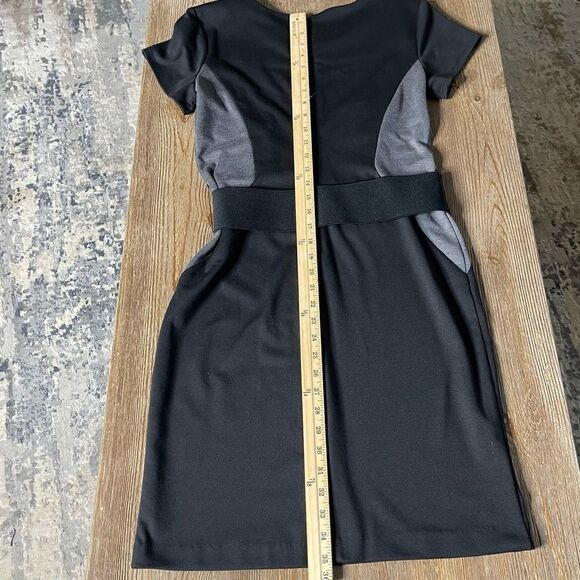 Roulette Black Gray Colorblock Side Panels Short Cap Sleeves Belted Dress Size 4 - Picture 10 of 15